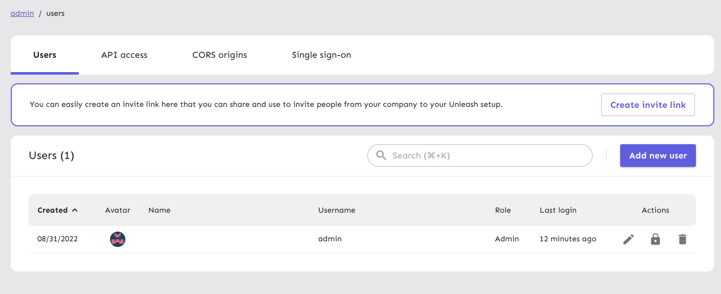 The Unleash users page. There is a separate &quot;create invite link&quot; section above the list of users.